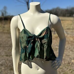 Stone Cold Fox Silk Crop Top Tie Front Green Multicolor Boho Bohemian Size 2